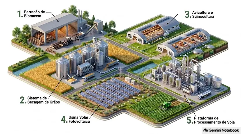 Ecossistema de soluções do Grupo MJFEO: pré-fabricados, secagem de grãos, avicultura e suinocultura, usina solar e processamento de soja